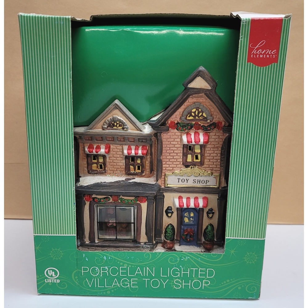 Home Elements Christmas Porcelain Lighted Village Toy Shop w/Window Scene Decor